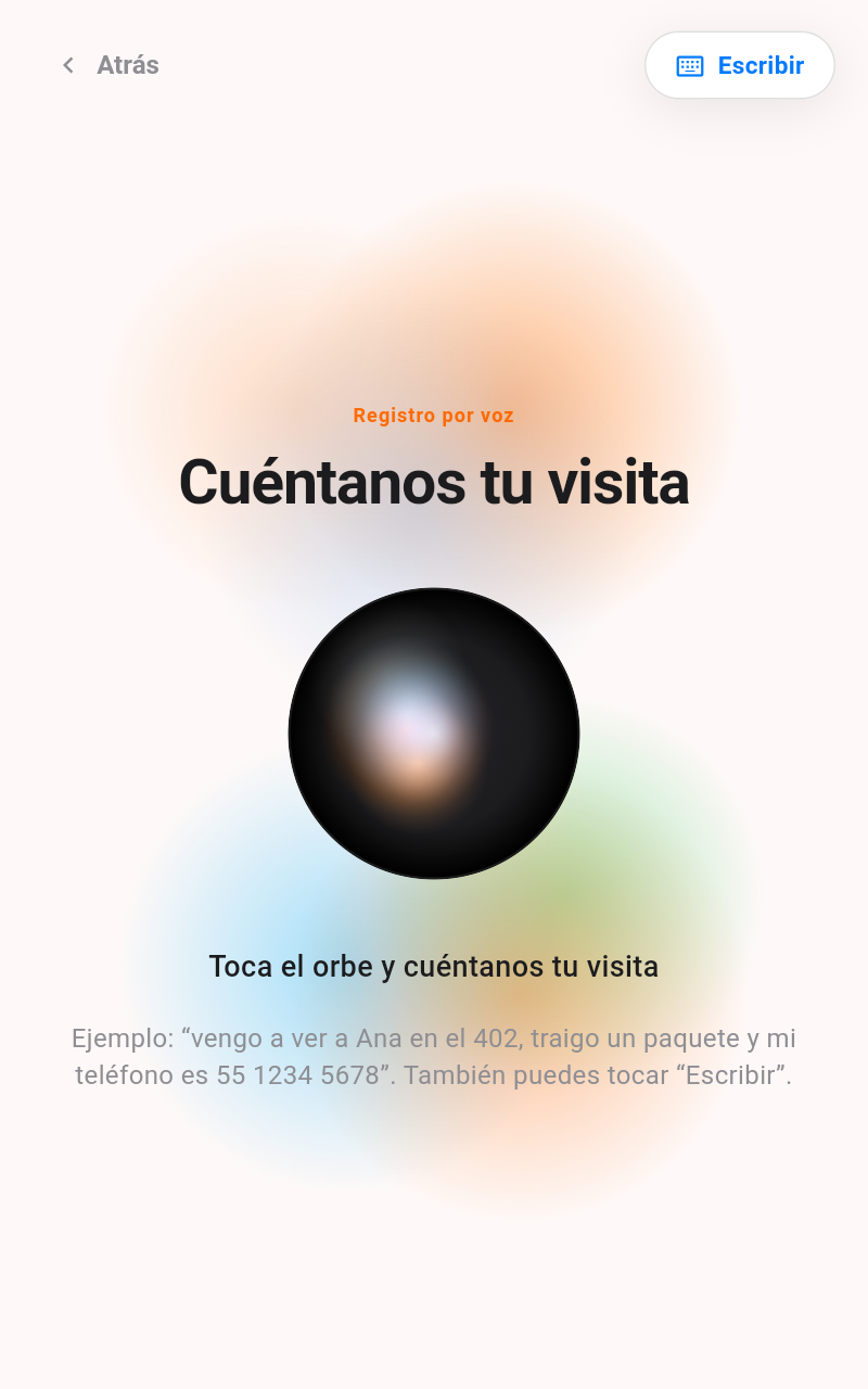 Pantalla del kiosko «Cuéntanos tu visita» con el orbe de dictado por voz