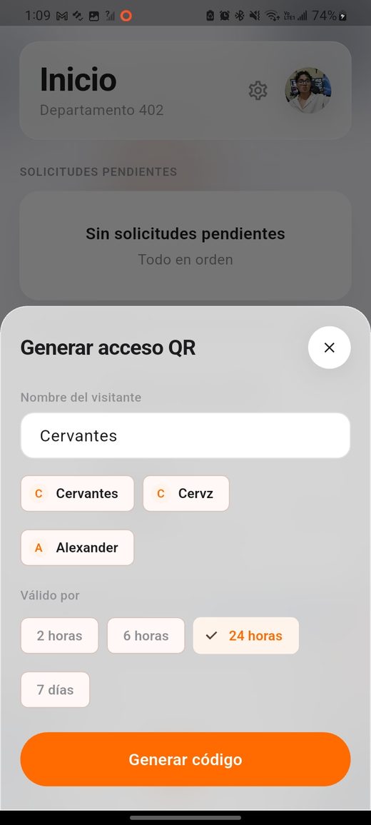 Formulario para generar un acceso QR con sugerencias de contactos y ventanas de validez