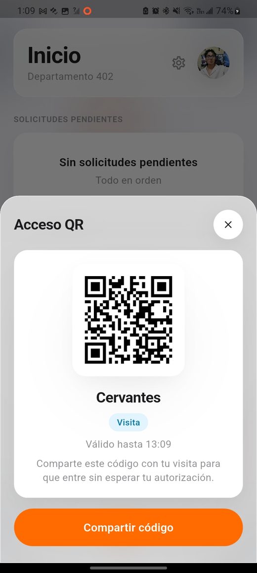 Código QR generado, con el nombre del visitante y su vigencia
