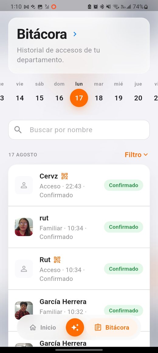 Bitácora de accesos del departamento, ordenada por día con foto y estado