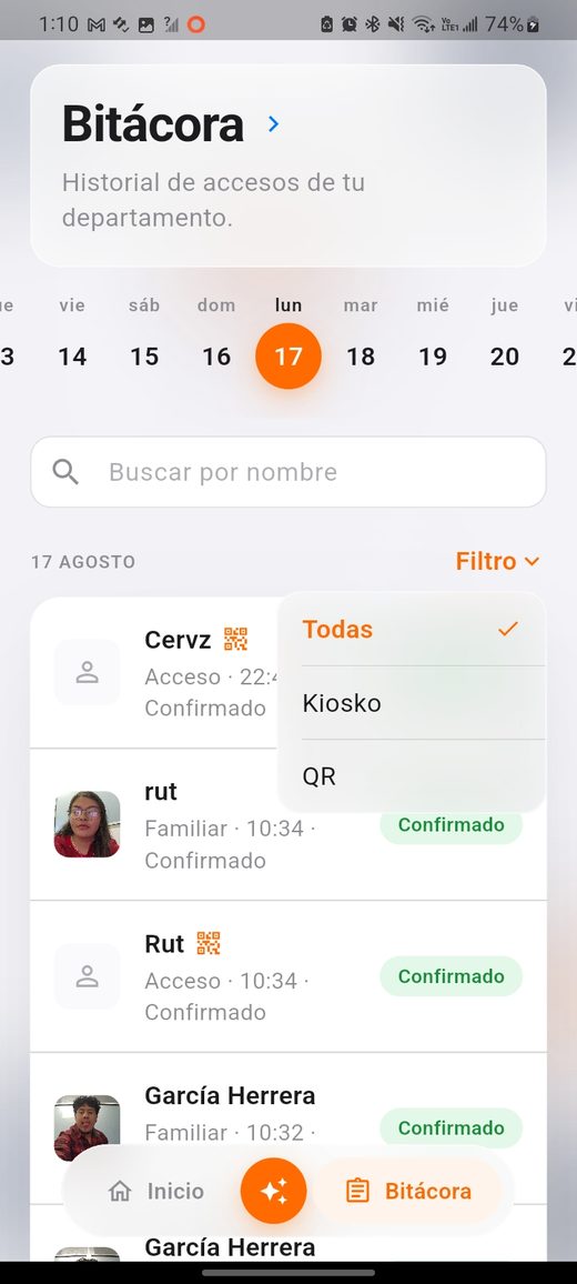 Filtro de la bitácora entre todas, kiosko y QR